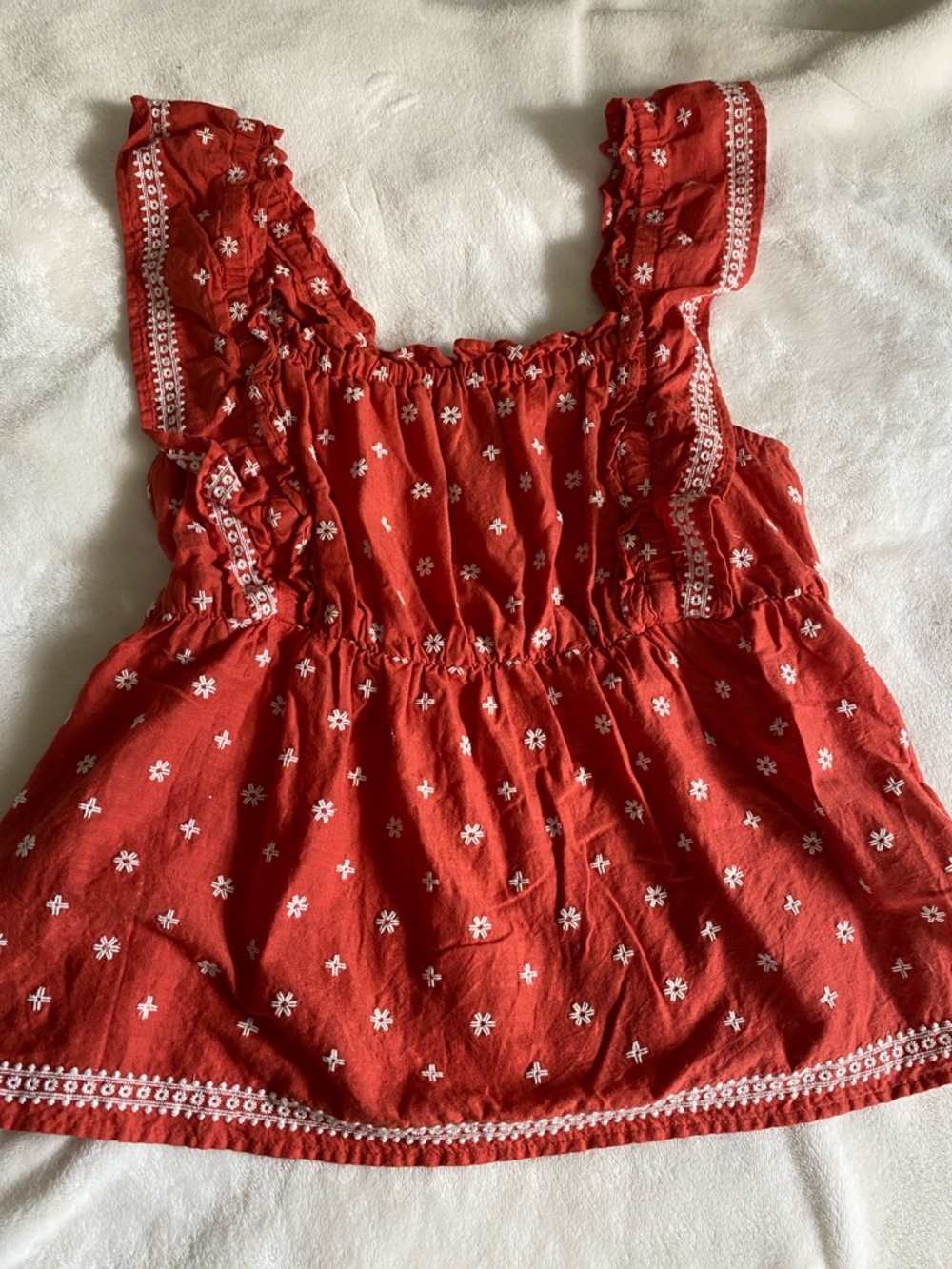 Old Navy Coral Red Smocked Top with White Stitching